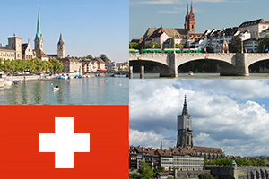 three pictures of Swiss cities and Swiss flag